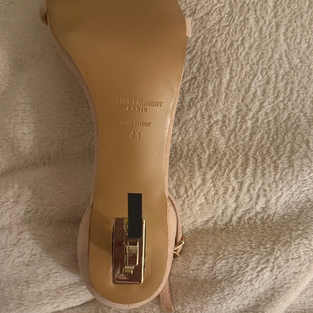 Saint Laurent Blush Suede Ankle-Strap Heels with Gold Logo Heel - Picture 2 of 2